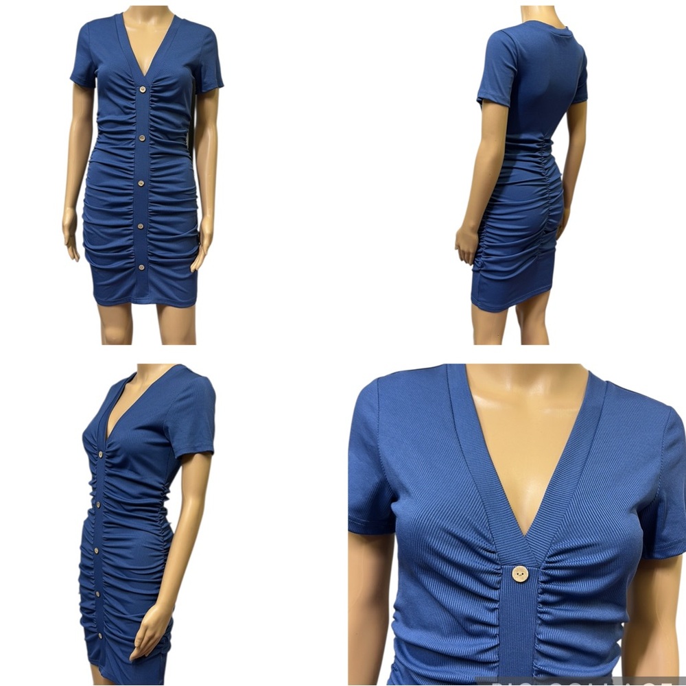 Beyove Blue Ruched Bodycon Ribbed V Neck Button Front Short Sleeve Mini Dress S